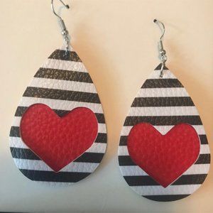 Valentine Earrings Black and White Stripes with Red Heart